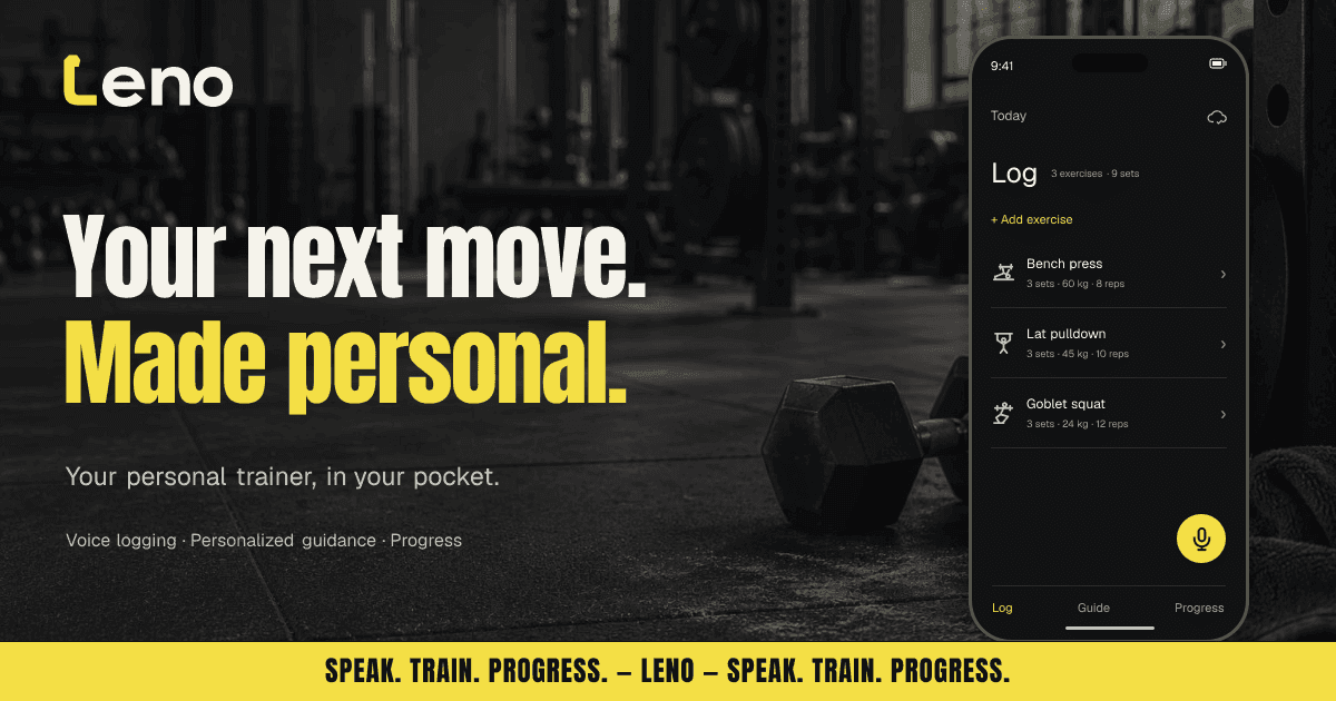 Leno: Your next move. Made personal. Official preview featuring its training log, voice logging and yellow wordmark.